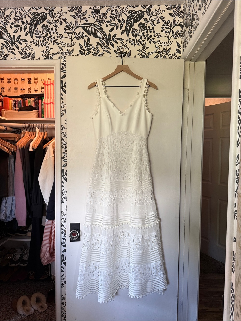Boston Proper White Lace Maxi Dress with Pom-Pom Trim